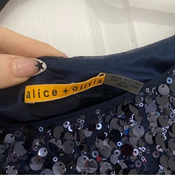 Alice + Olivia Navy Blue Sequin High Neck Mini Dress Womens Size XS - Picture 5 of 7
